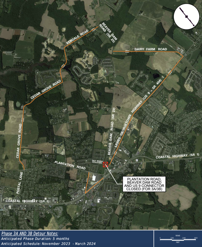 This map shows the detours around the intersection of Plantation Road, Beaver Dam Road and the Route 9 connector. SOURCE: DELDOT